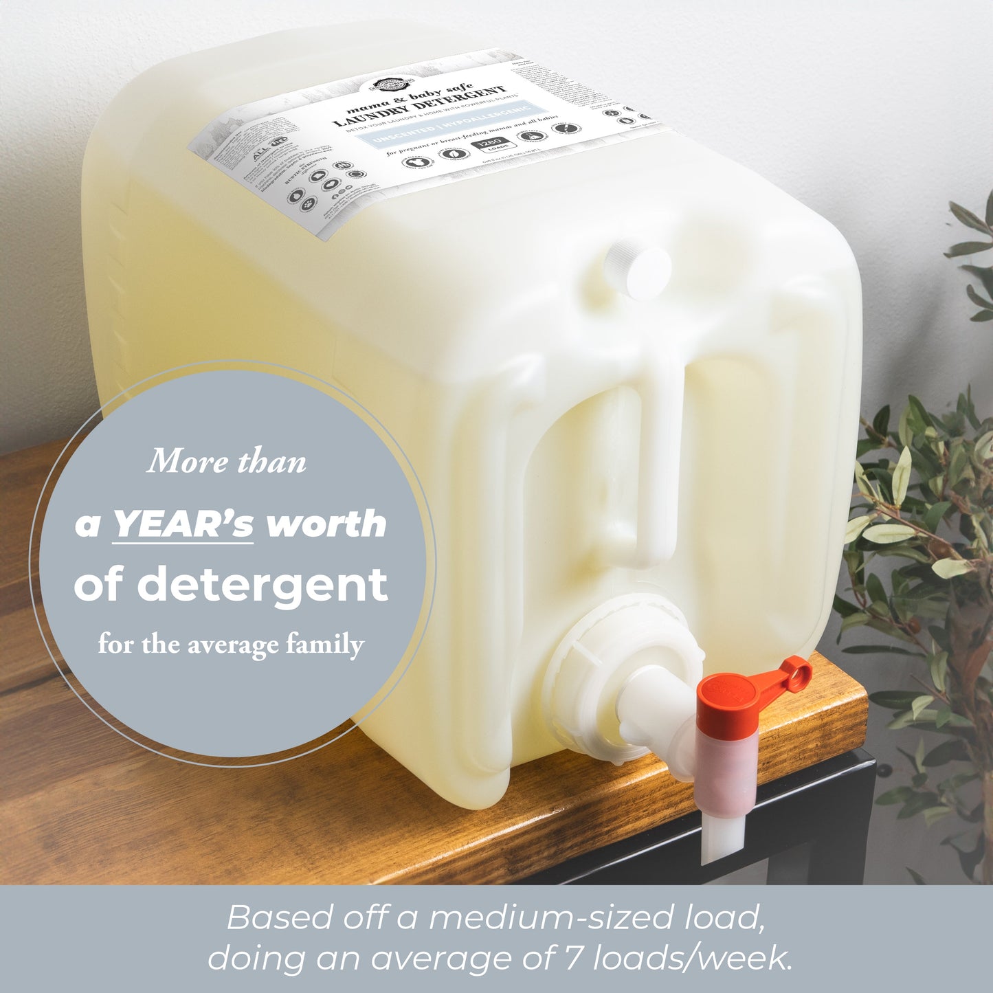 5 gallon detergent container with a red valve on a wooden surface, labeled with text about detergent quantity.