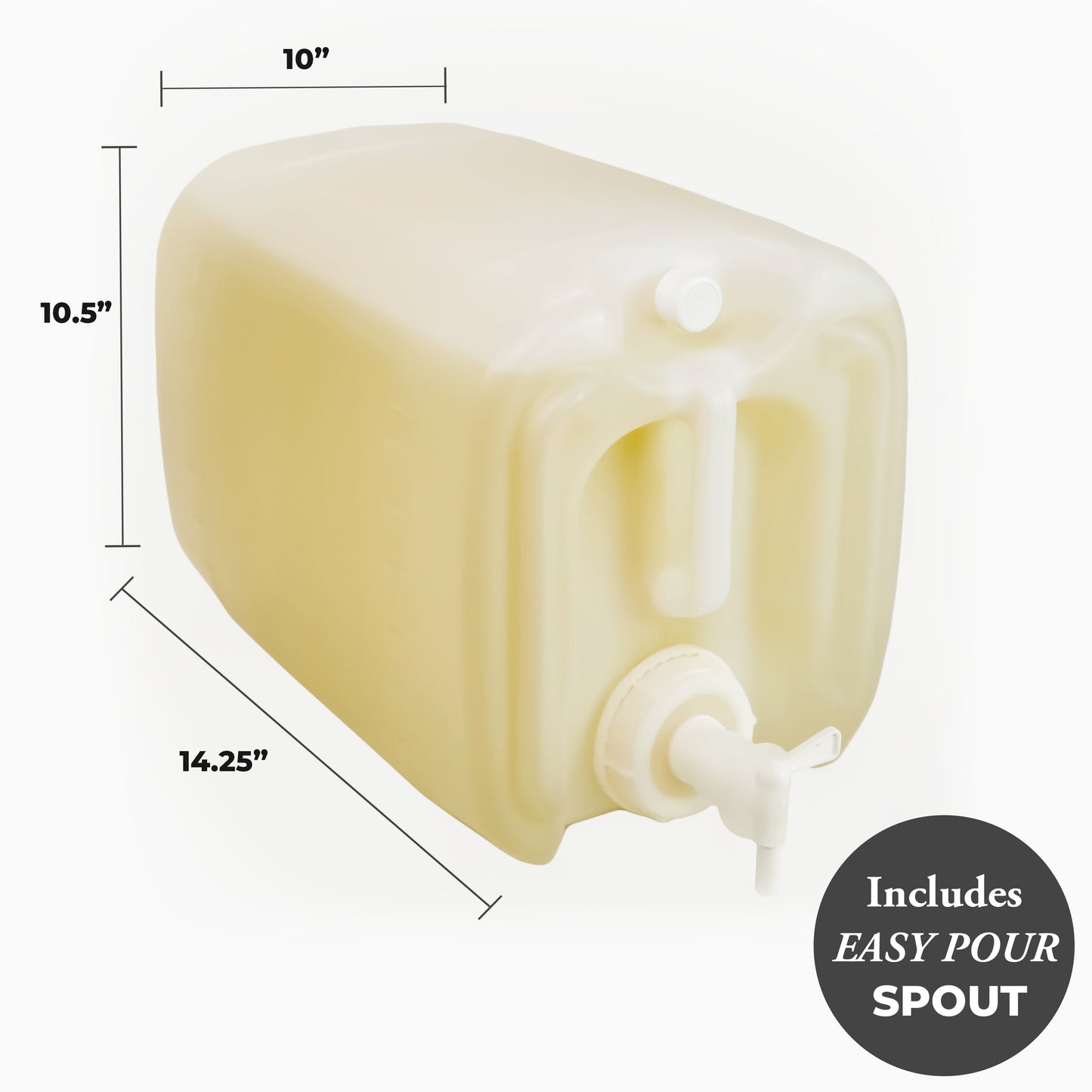 5 gallon container with dimensions and an easy pour spout on a white background