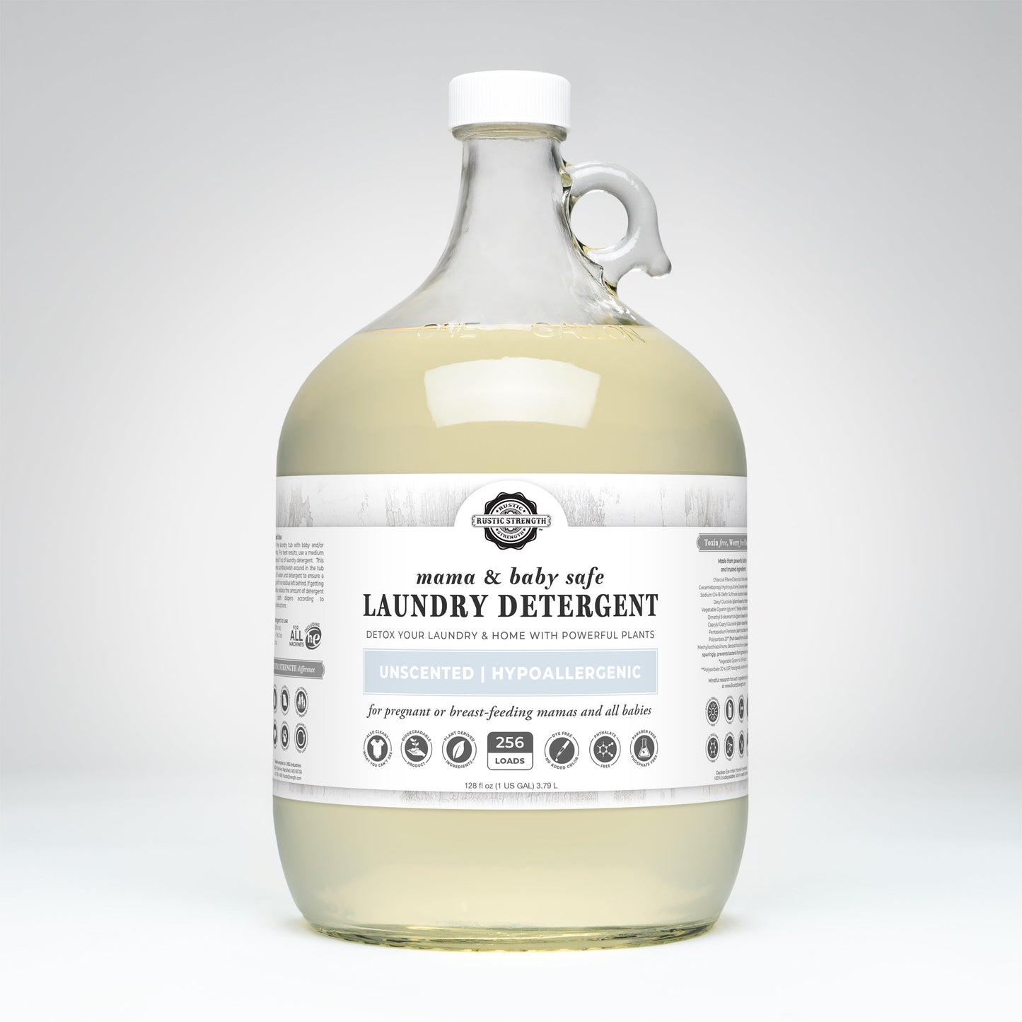 Glass container of laundry detergent with a label on a white background