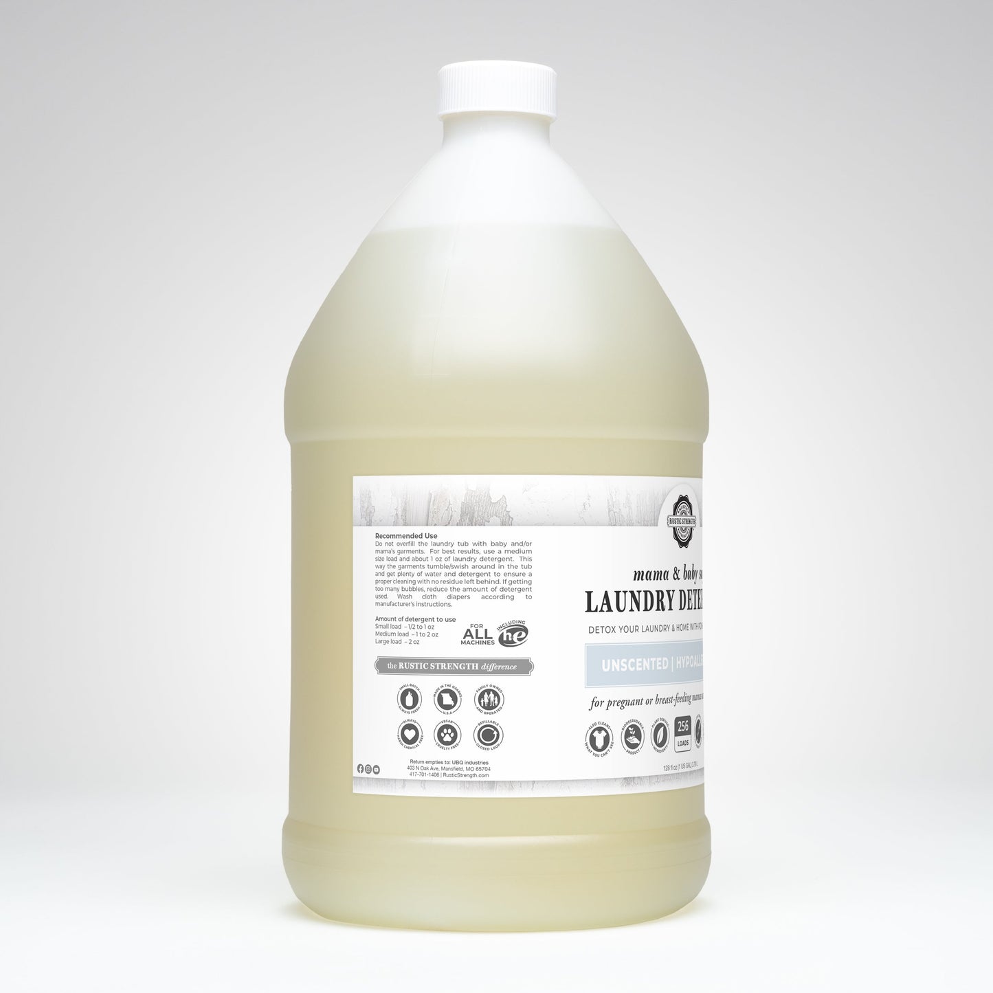 Gallon bottle of laundry detergent with a label on a white background