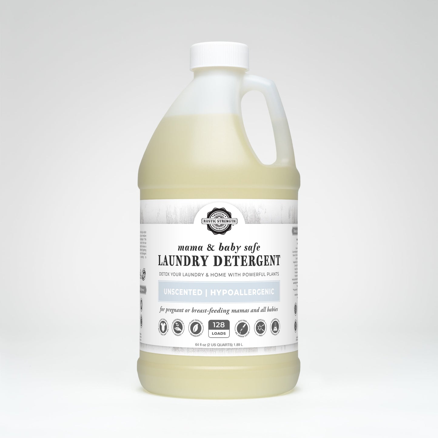 Gallon bottle of laundry detergent with a white label on a light gray background