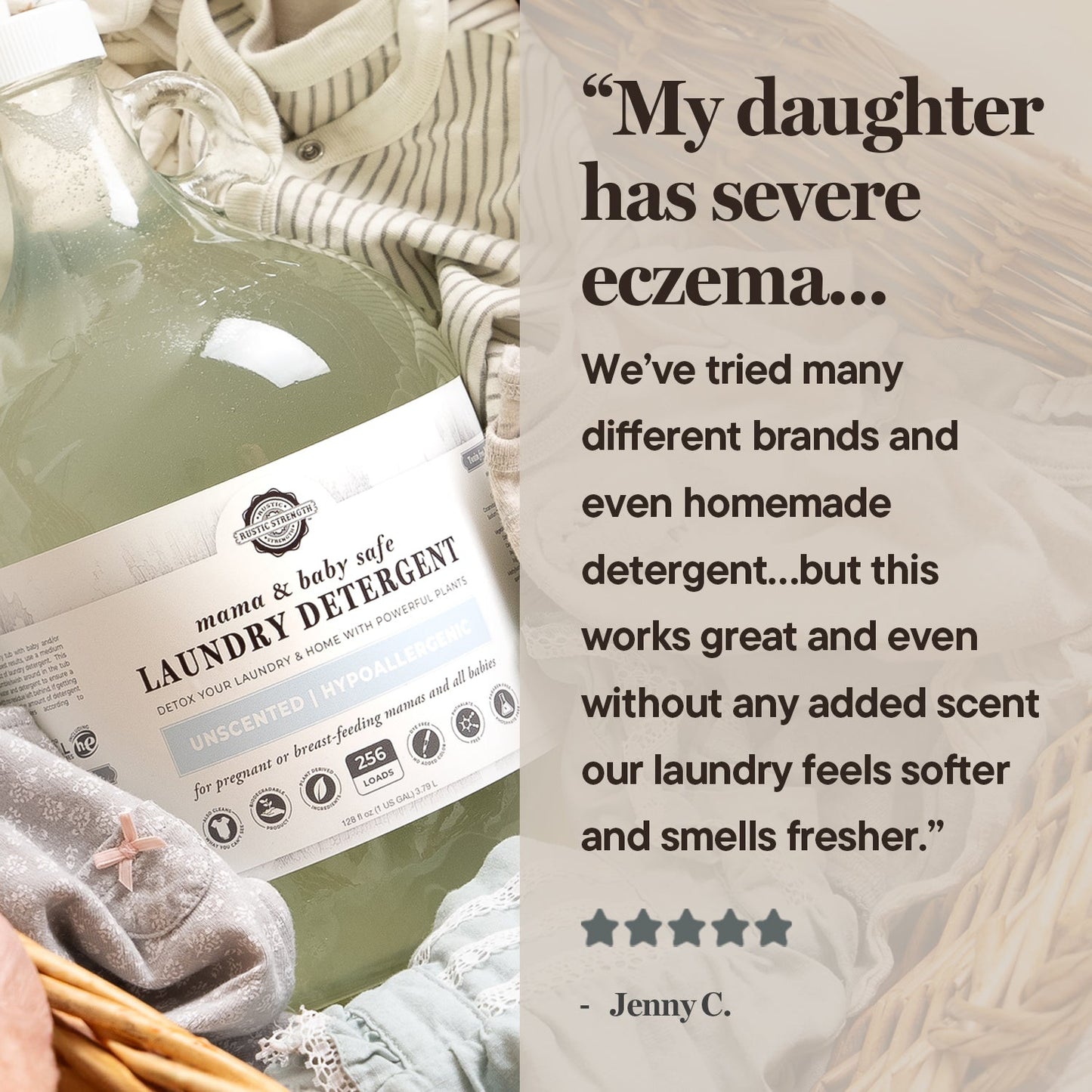 Laundry detergent bottle with text about a daughter with severe eczema and positive feedback on the product.