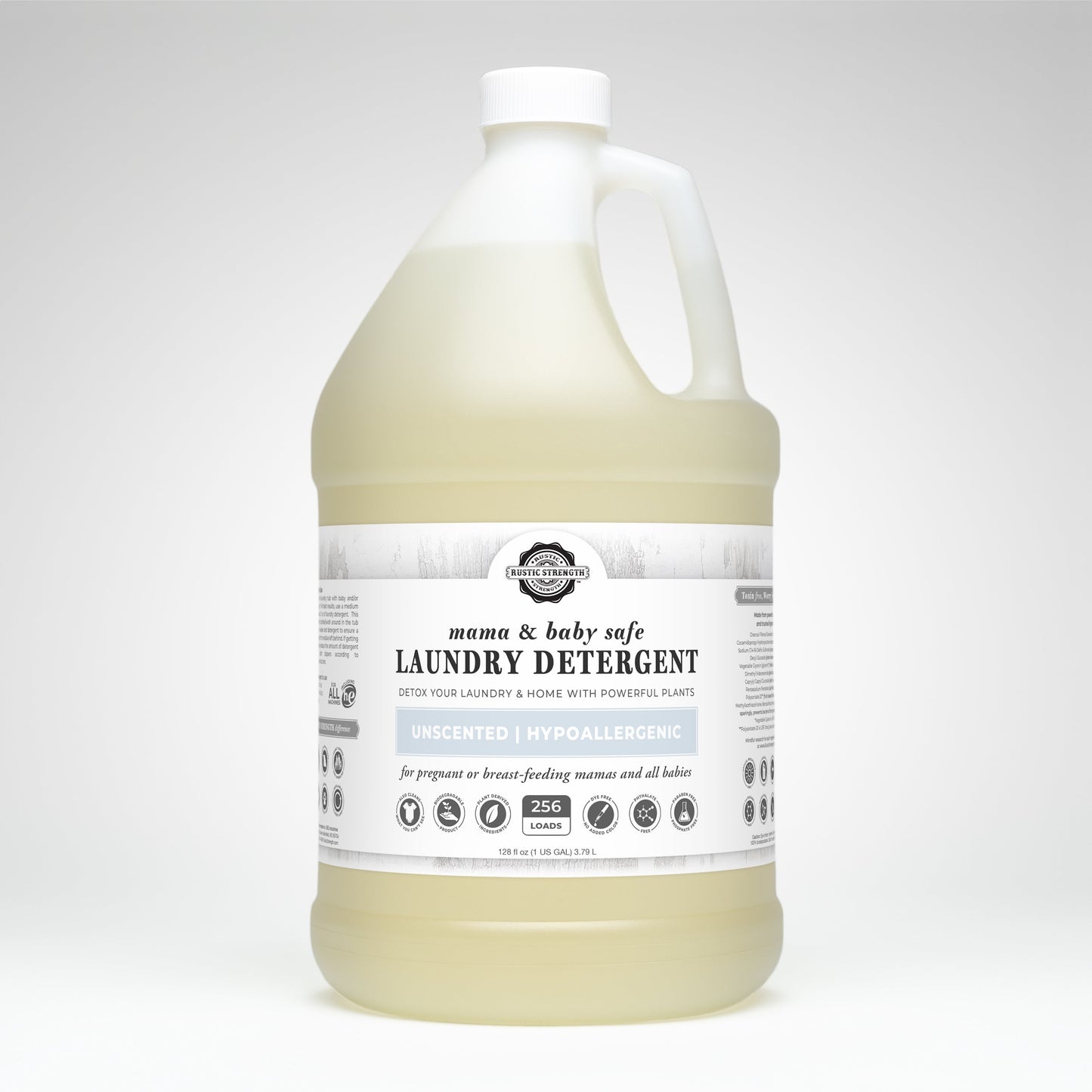 Gallon bottle of laundry detergent with a label on a white background