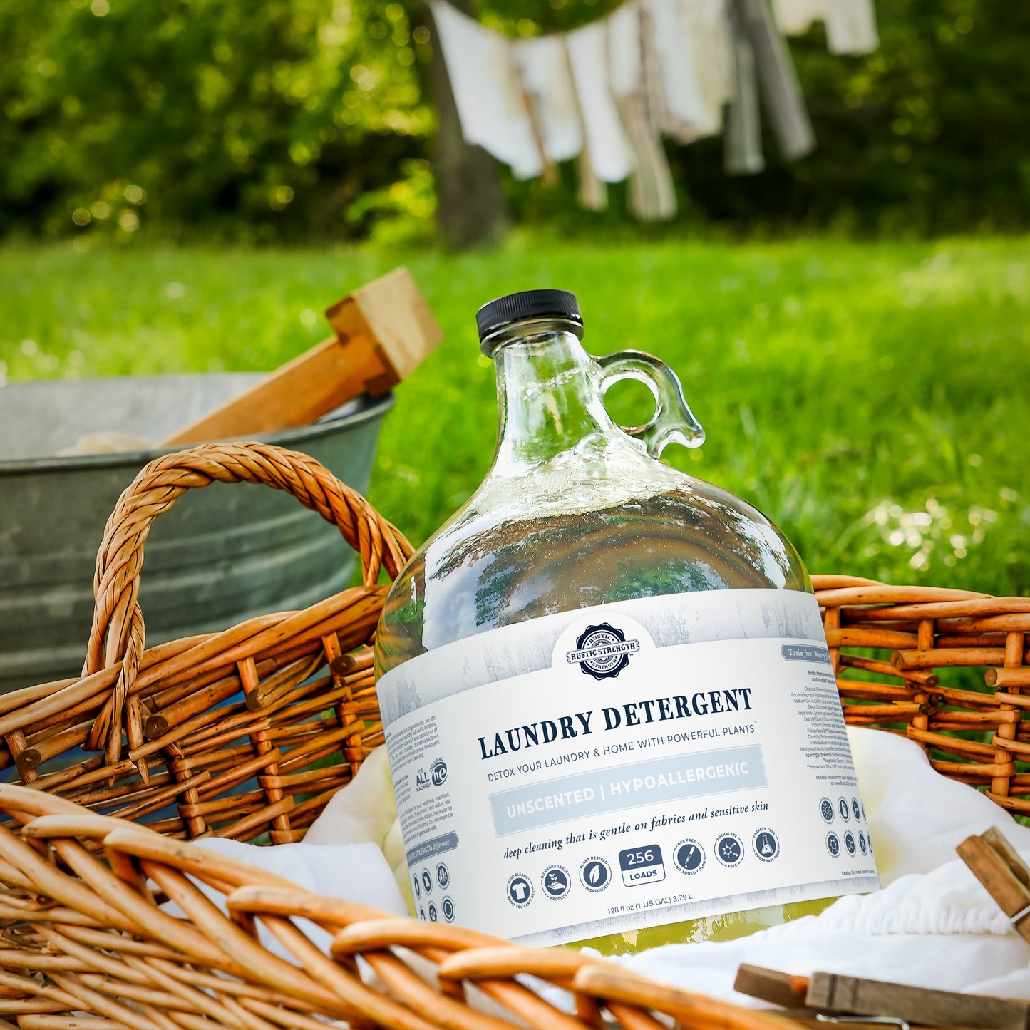 Glass bottle of laundry detergent with a label in a wicker basket outdoors.