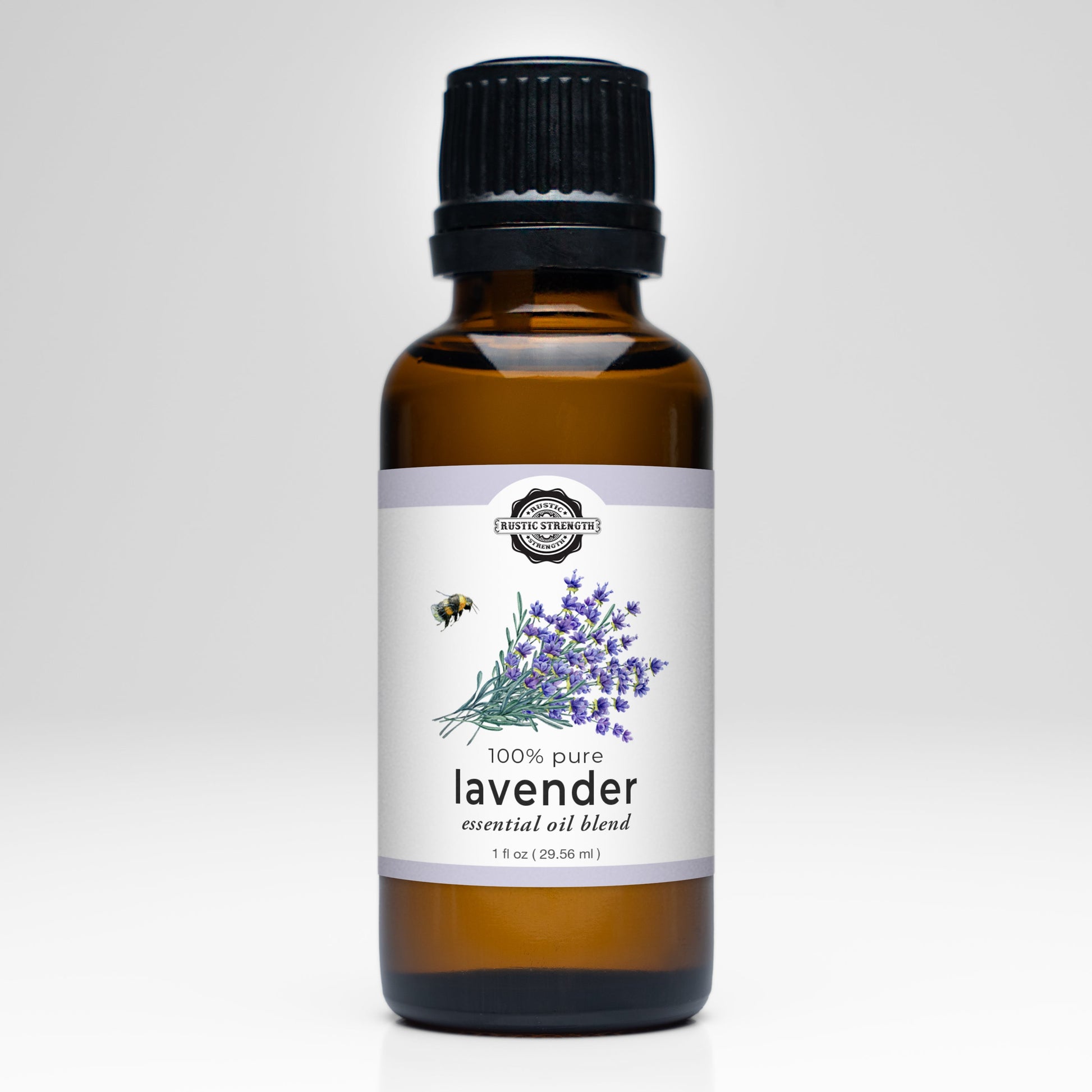 Bottle of lavender essential oil blend with a label on a white background
