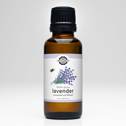Bottle of lavender essential oil blend with a label on a white background