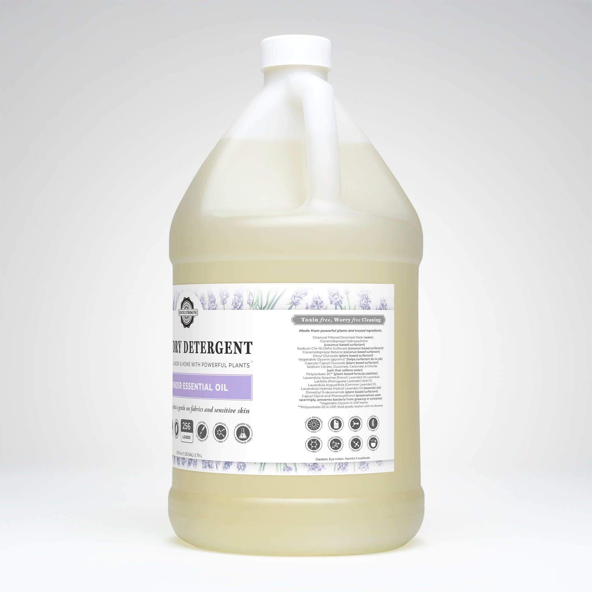 Gallon bottle of natural detergent with a label on a white background