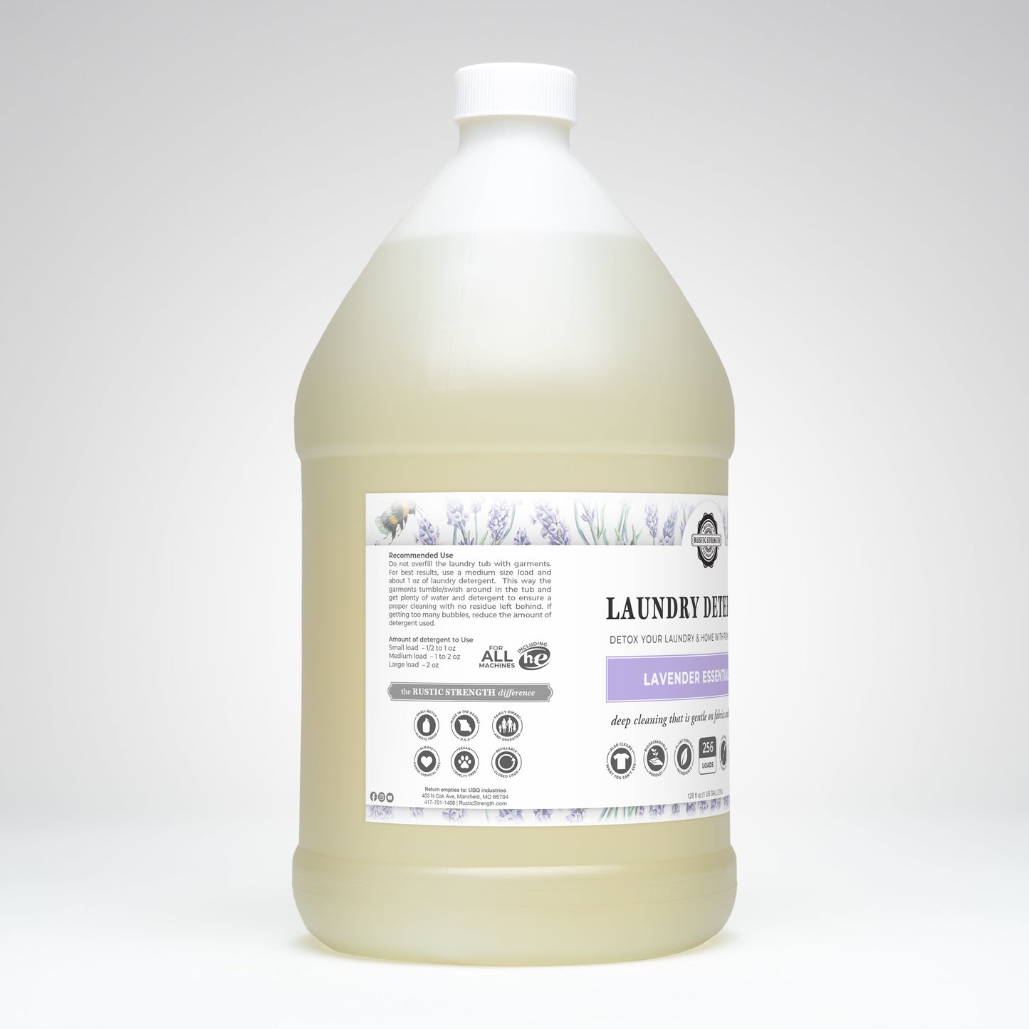 Gallon bottle of laundry detergent with a label on a white background
