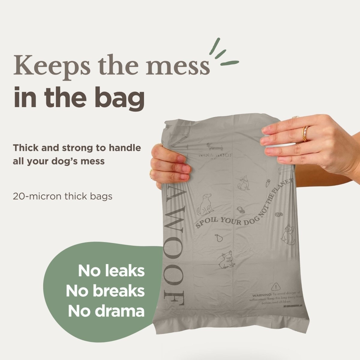 Nina Woof Premium Biodegradable Dog Waste bags with text highlighting features, such as No Leaks, No Breaks, No Drama, on a light gray background
