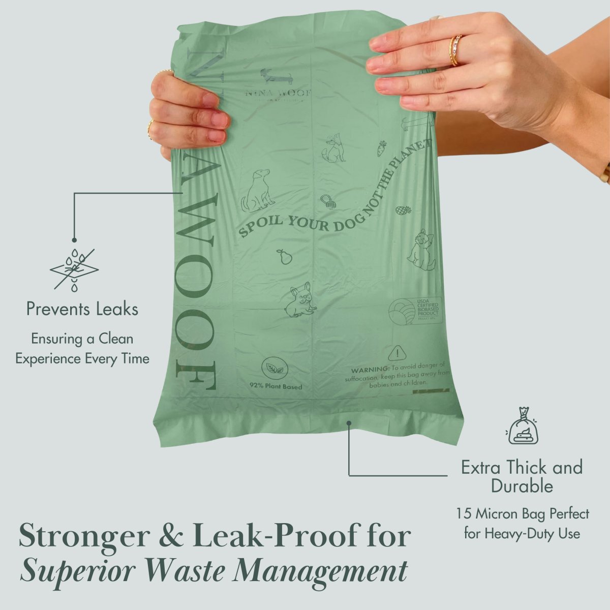 Green 92% plant-based dog waste bag by Nina Woof with text on a light gray background