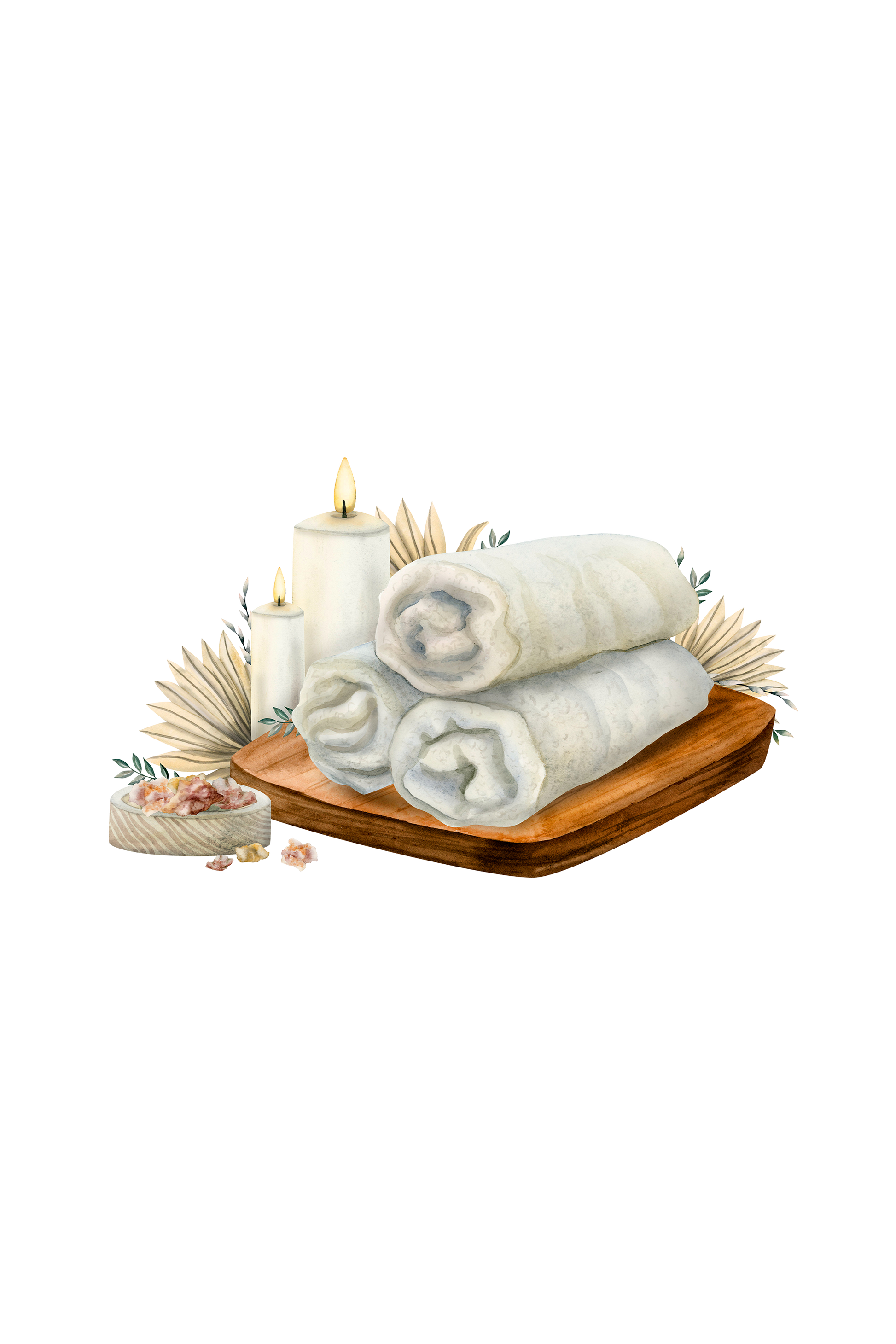 Stack of white towels on a wooden tray with candles and decorative elements on a white background