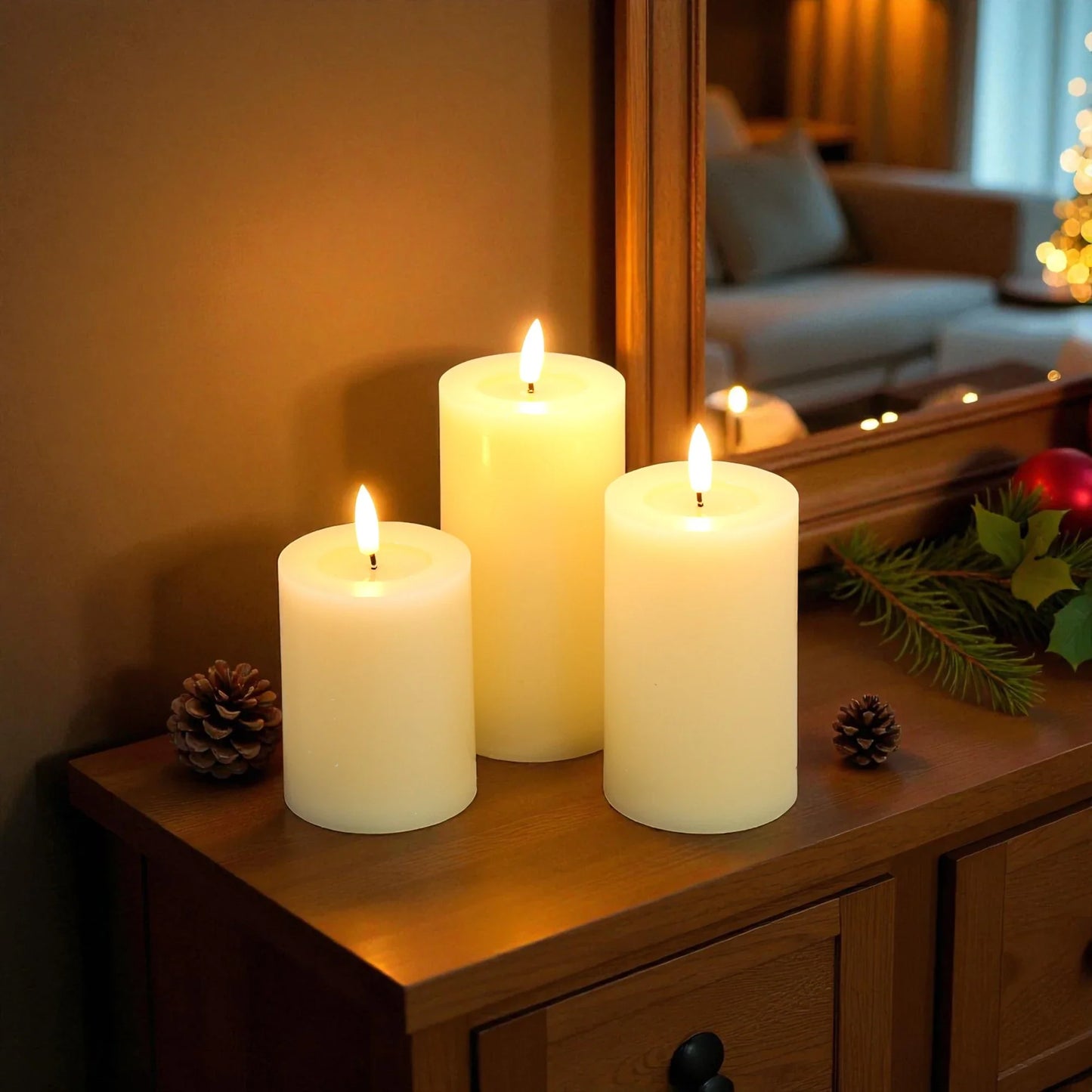 Three lit flamless LED candles on a wooden surface with a mirror reflecting a cozy room.