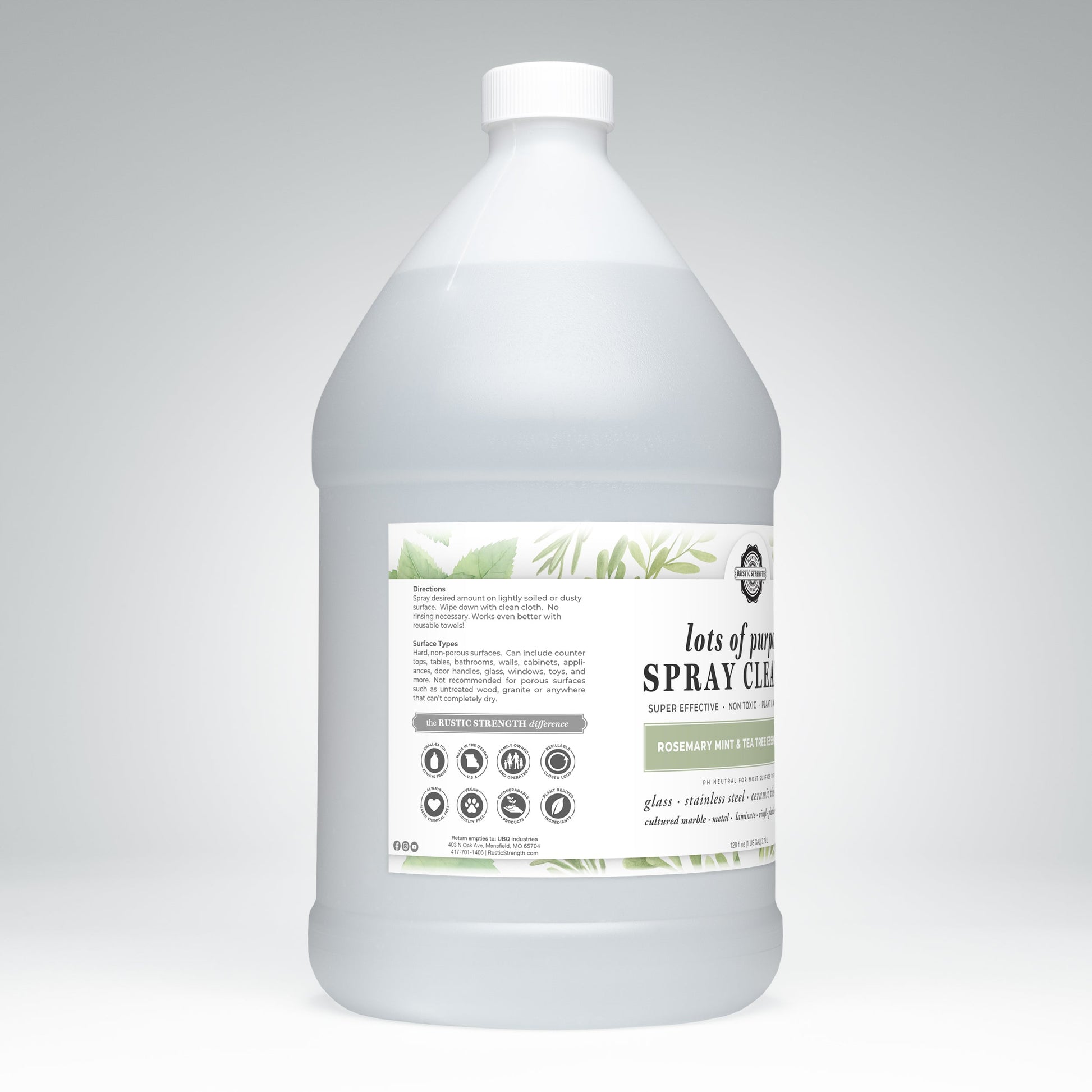 Gallon bottle of spray cleaner with a label on a gray background