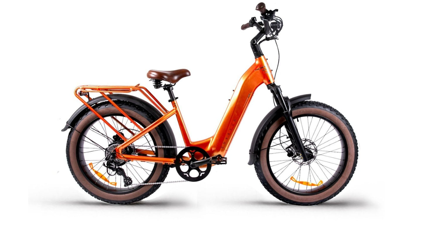 Magnum Bliss 750W Fat Tire eBike in Wildfire. Electric bike shown on a white background