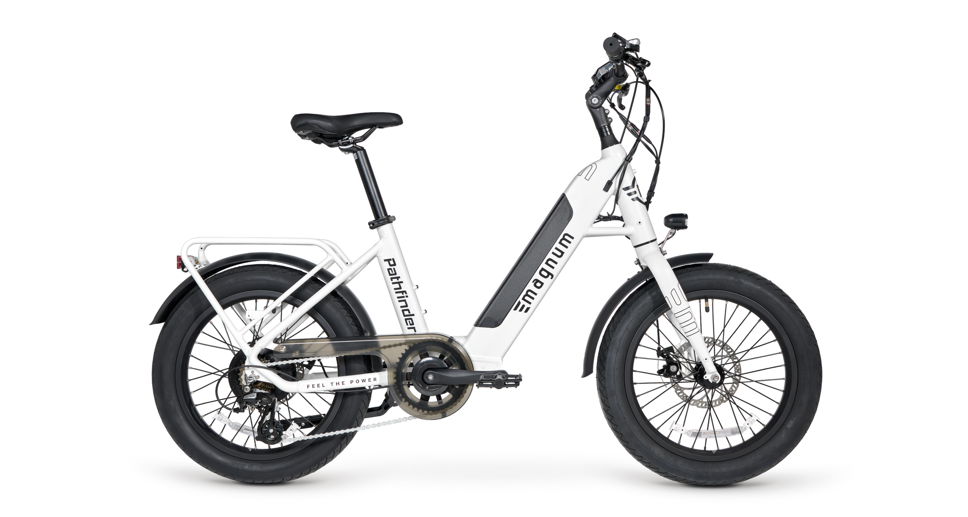 Snow white electric bike with black wheels on a white background