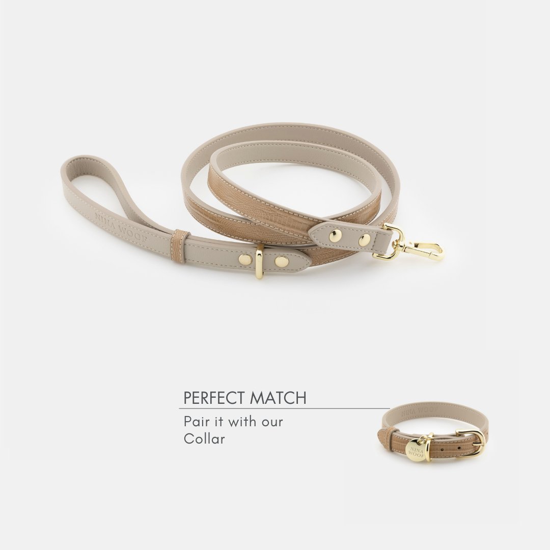 Beige Nina Woof Vegan Leather Dog Leash and matching vegan leather dog collar set on a white background with 'Perfect Match' text.