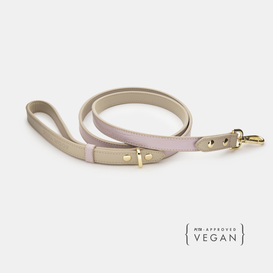 Milan Dog Leash with crocodile-style vegan leather, Lilac variation shown on a white background, featuring PETA-approved 'Vegan' label.