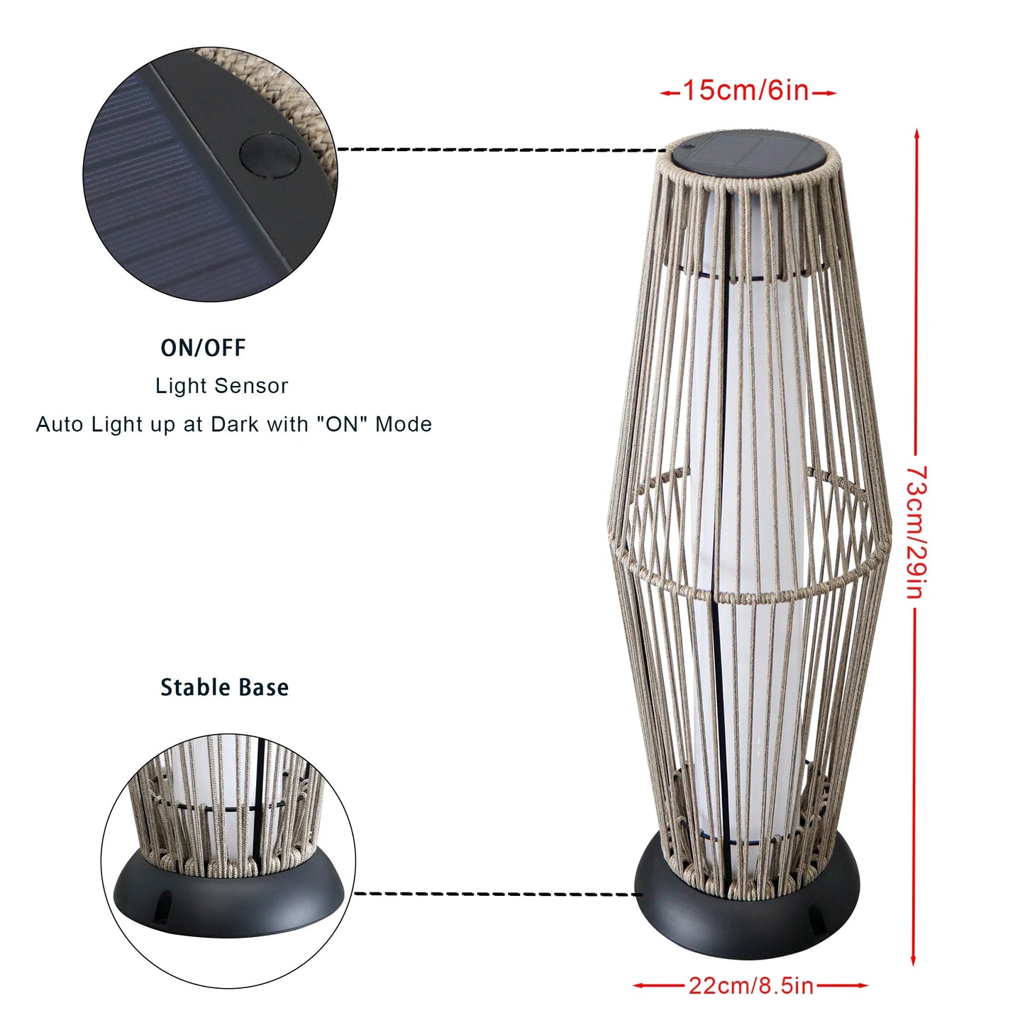 Solar-powered outdoor lamp with features and dimensions on a white background
