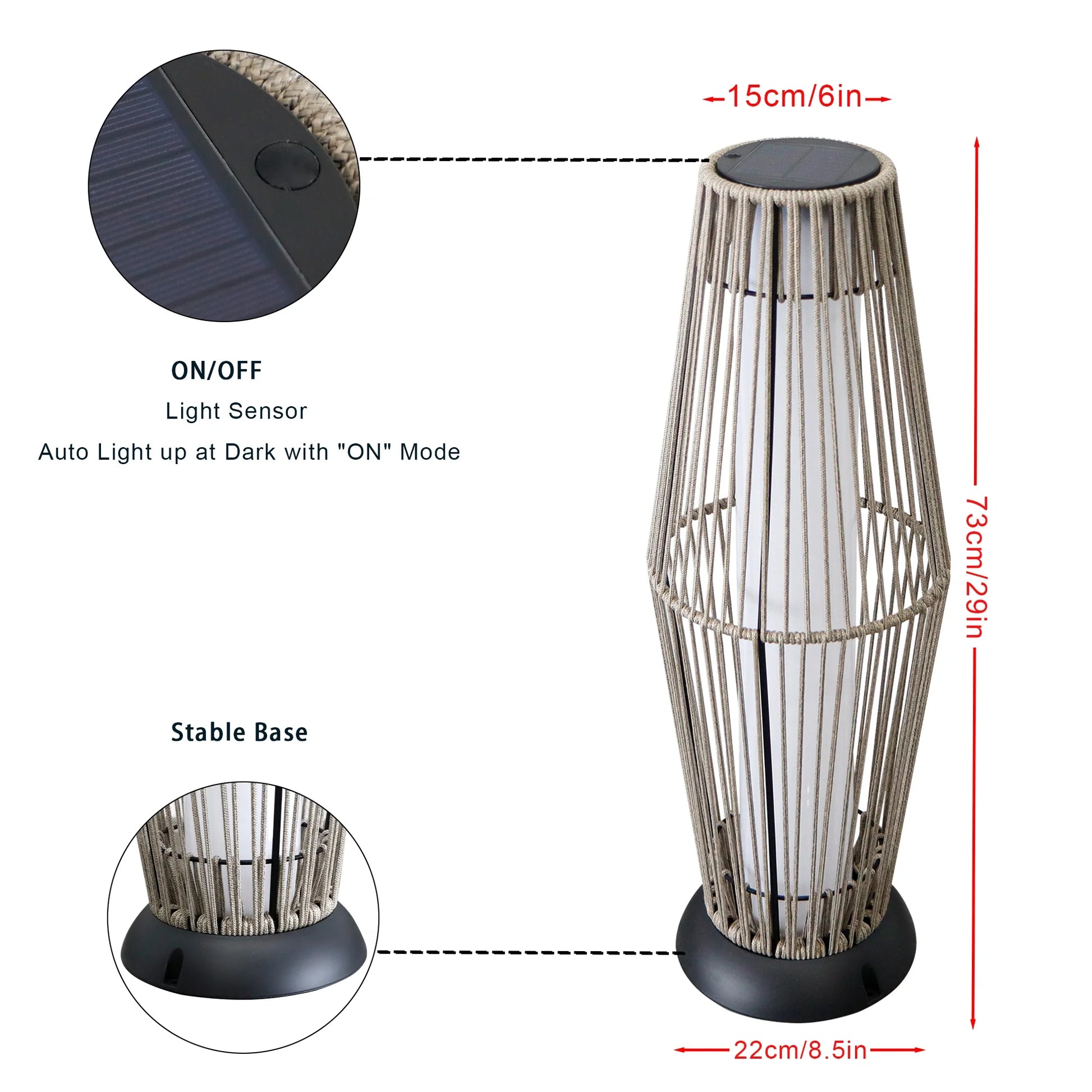 Solar-powered outdoor lamp with features and dimensions on a white background