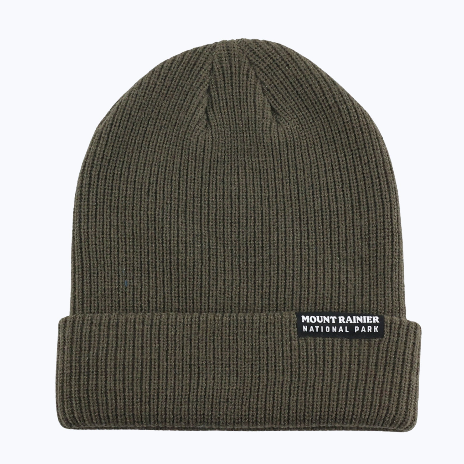 Eucalyptus beanie by Rainier Watch with Mount Rainier National Park label on a white background