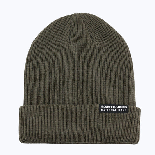 Eucalyptus beanie by Rainier Watch with Mount Rainier National Park label on a white background