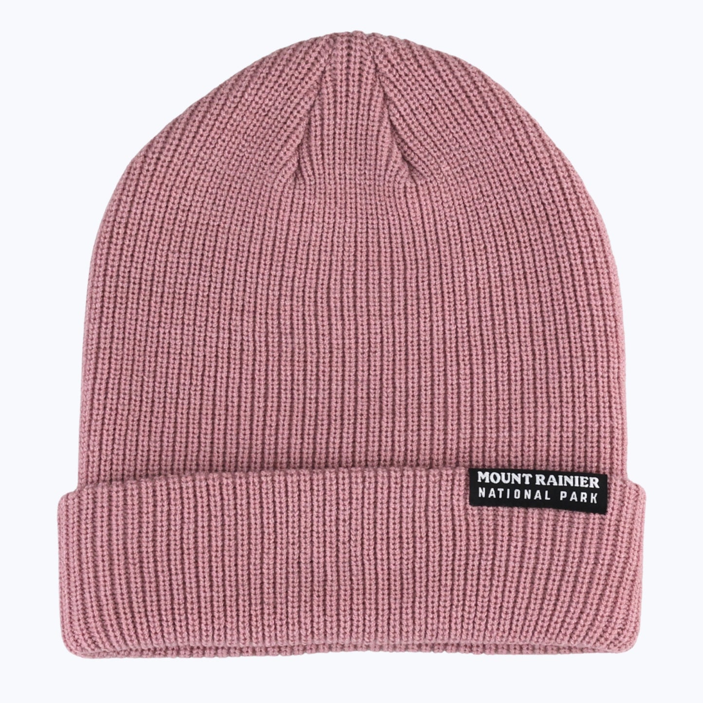 Mauve beanie by Rainier Watch with Mount Rainier National Park label on a white background