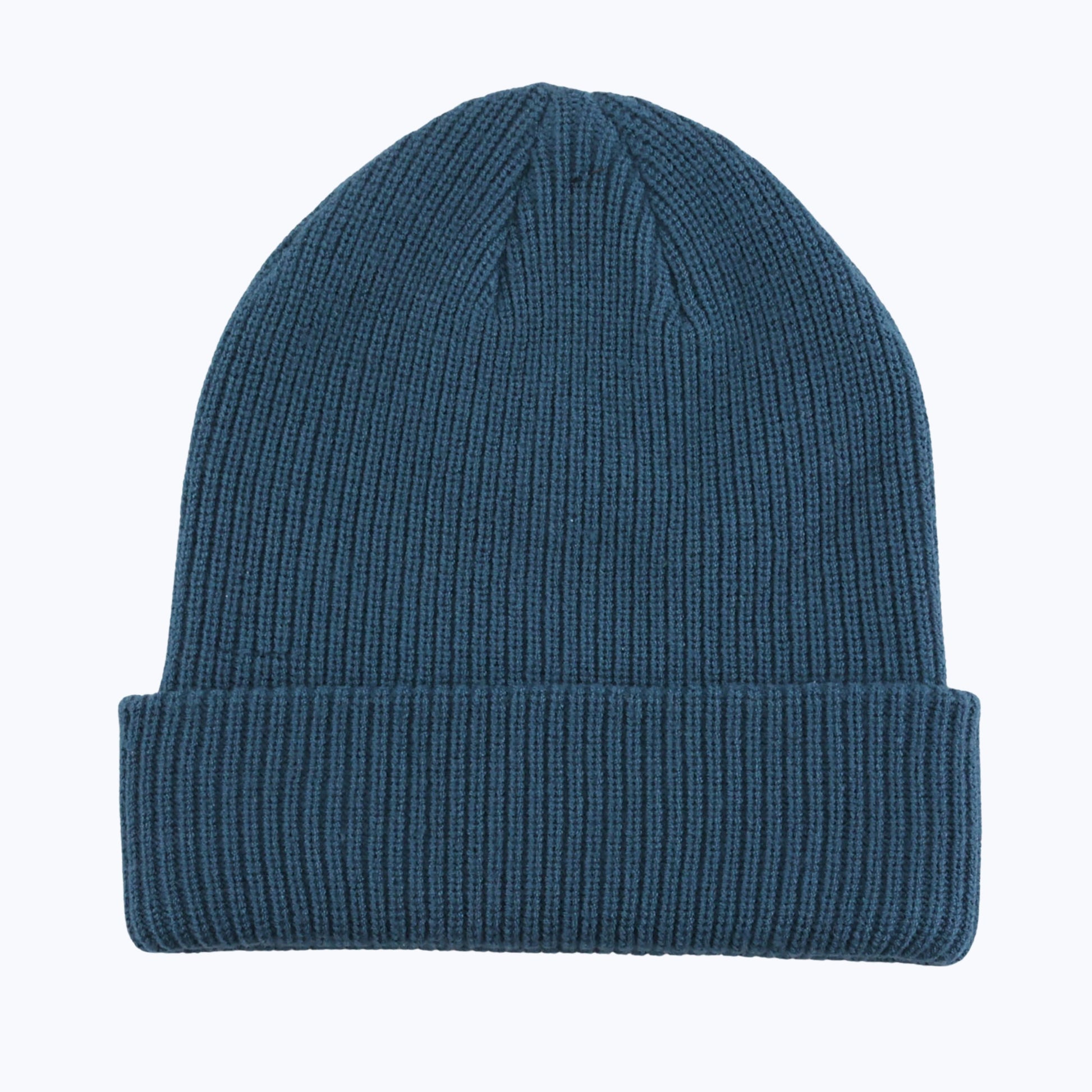 Petrol Blue knit beanie by Rainier Watch on a white background