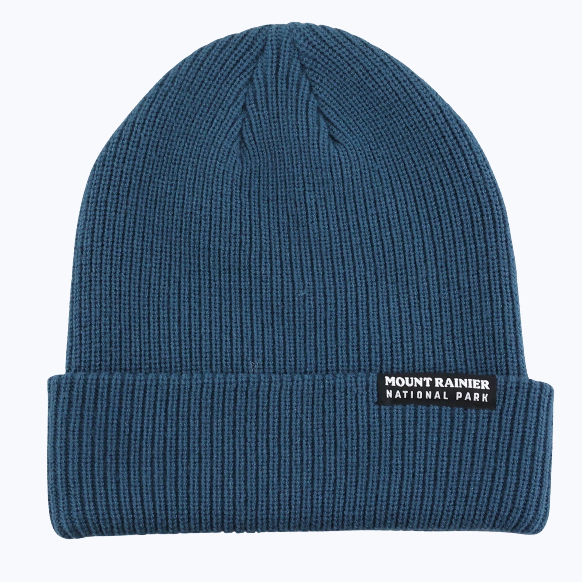 Petrol blue knit beanie with 'Mount Rainier National Park' label on a white background