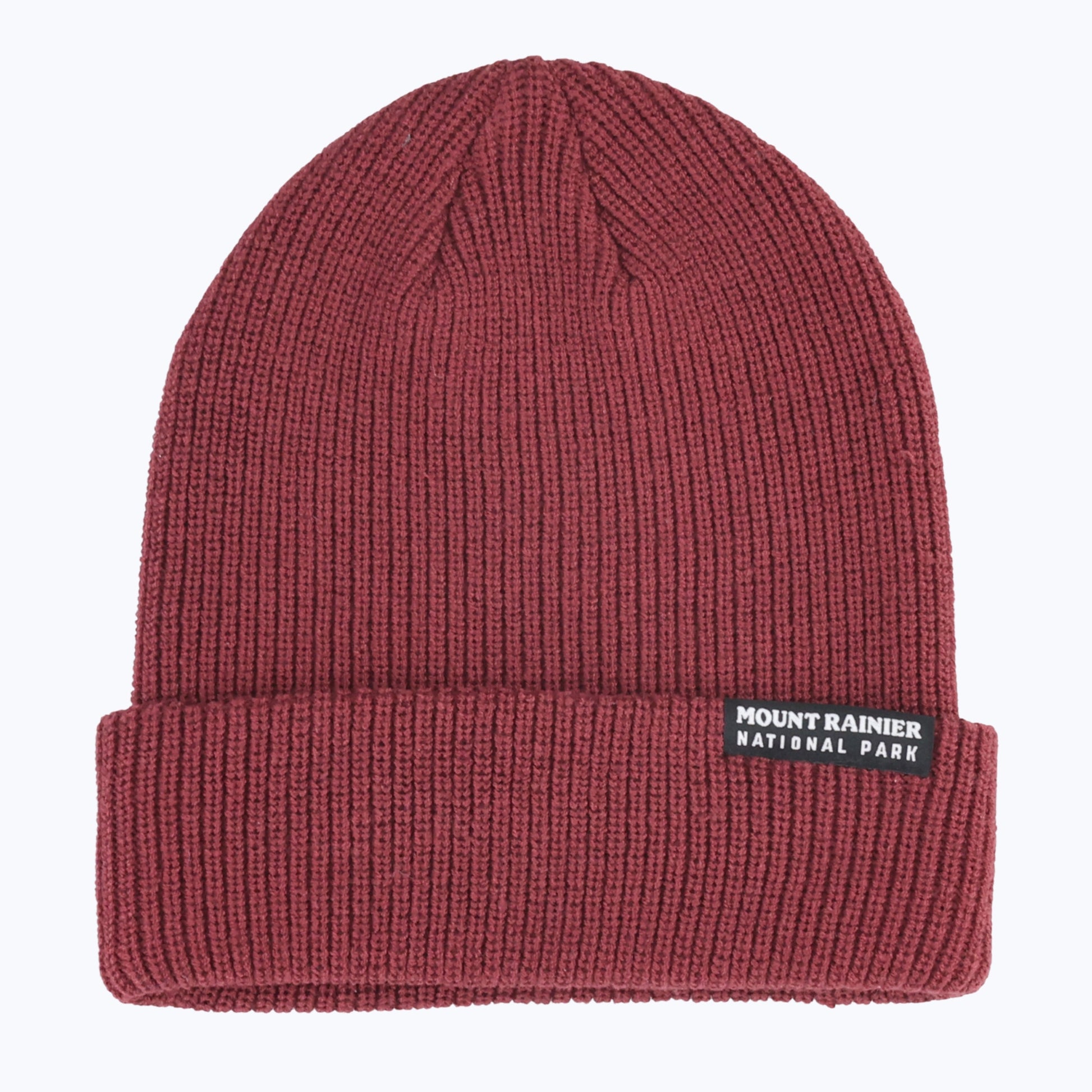 Redwood knit beanie by Rainier Watch with 'Mount Rainier National Park' label on a white background
