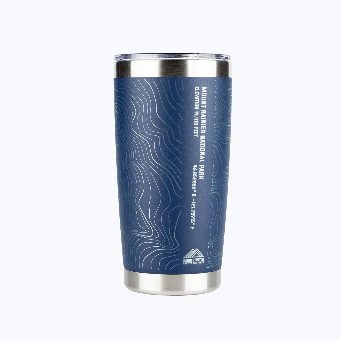 Rainier Watch Topo Travel Coffee Insulated Hot/Cold Tumbler in Navy with clear lid on a white background