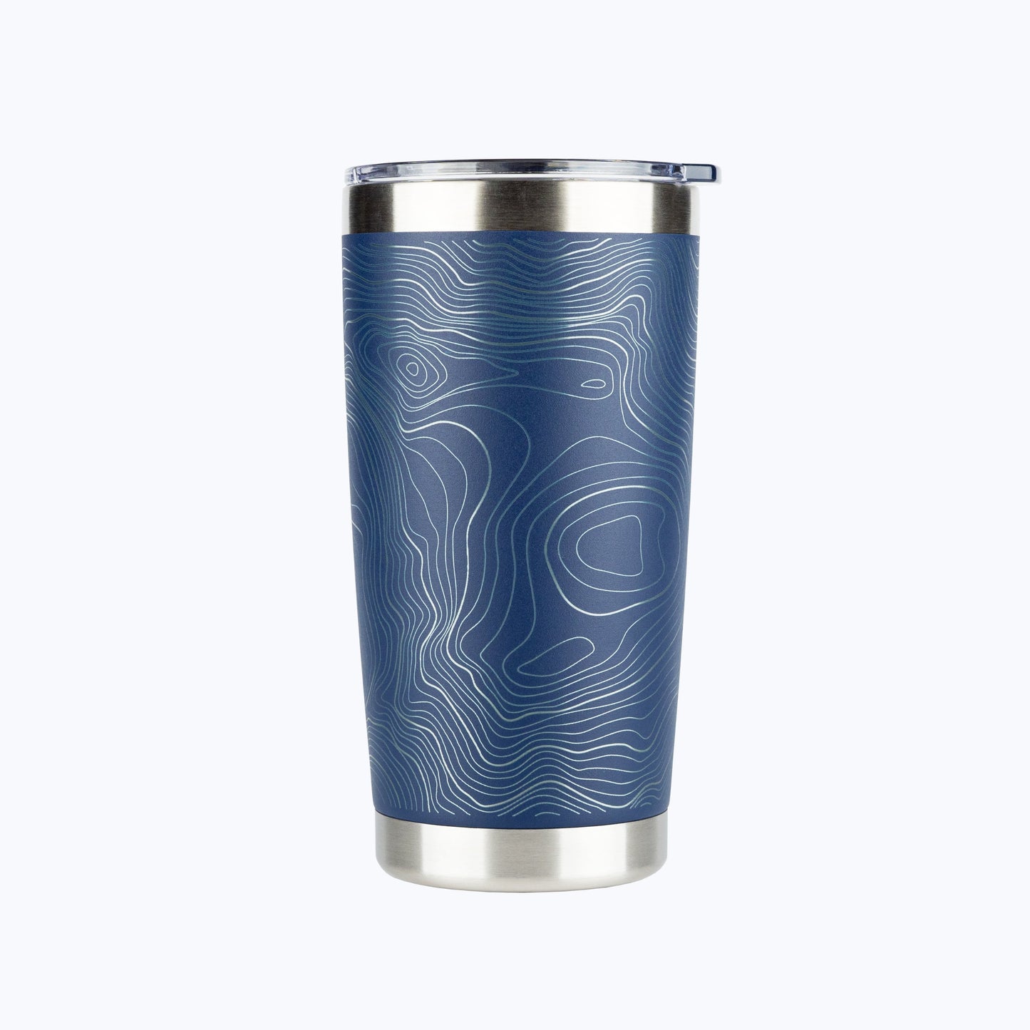 Rainier Watch Topo Travel Coffee Insulated Hot/Cold Tumbler in Navy with clear lid on a white background