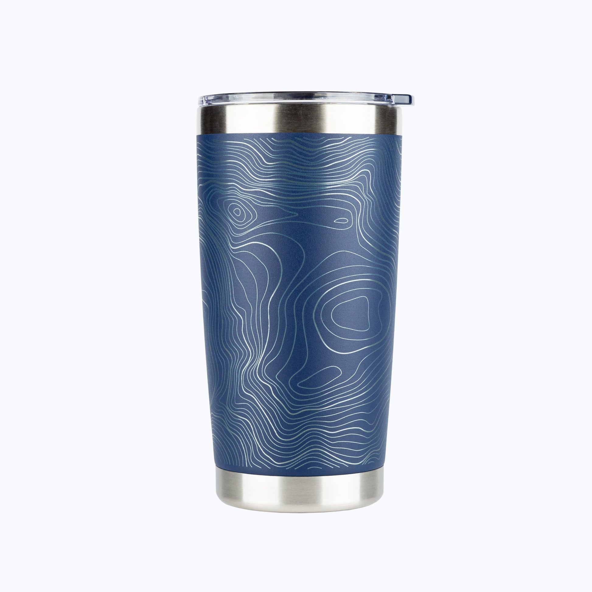 Rainier Watch Topo Travel Coffee Insulated Hot/Cold Tumbler in Navy with clear lid on a white background