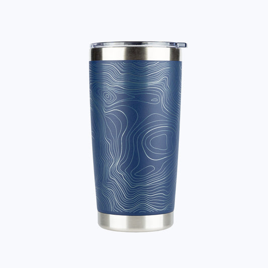 Rainier Watch Topo Travel Coffee Insulated Hot/Cold Tumbler in Navy with clear lid on a white background