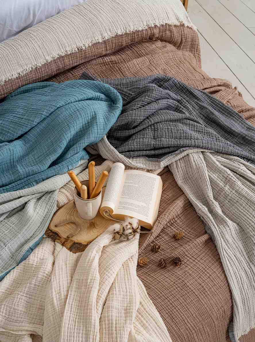 Stack of 100% cotton Premium Turkish Muslin Cotton Blankets – 4-Layer in various colors on a bed with a book and wooden sticks.