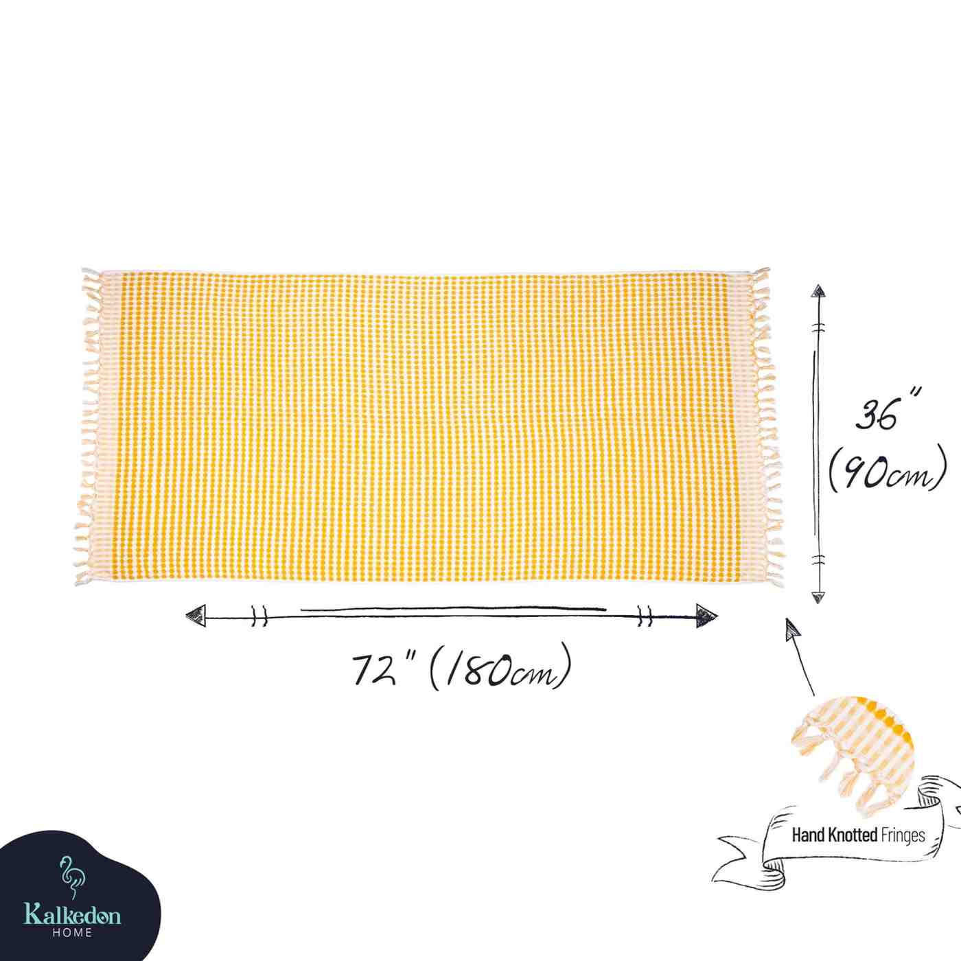 Mustard Premium Organic Turkish Jacquard Bath Towel with dimensions and Kalkedon logo on a white background