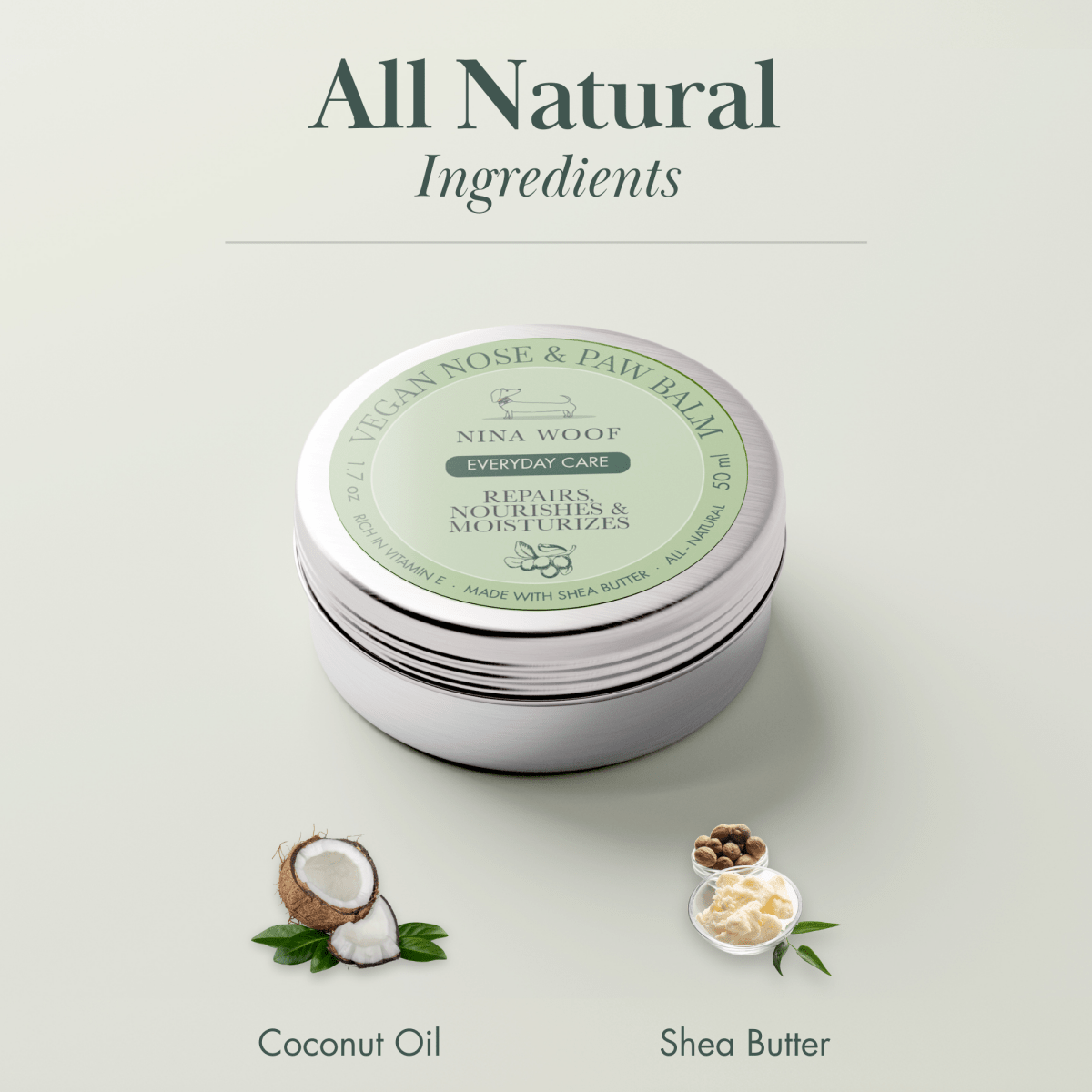 Nina Woof All-Natural Vegan Dog Paw & Nose Balm – Hydrating & Eco-Friendly - with 'all natural ingredients' text and coconut oil and shea butter icons on a light gray background.