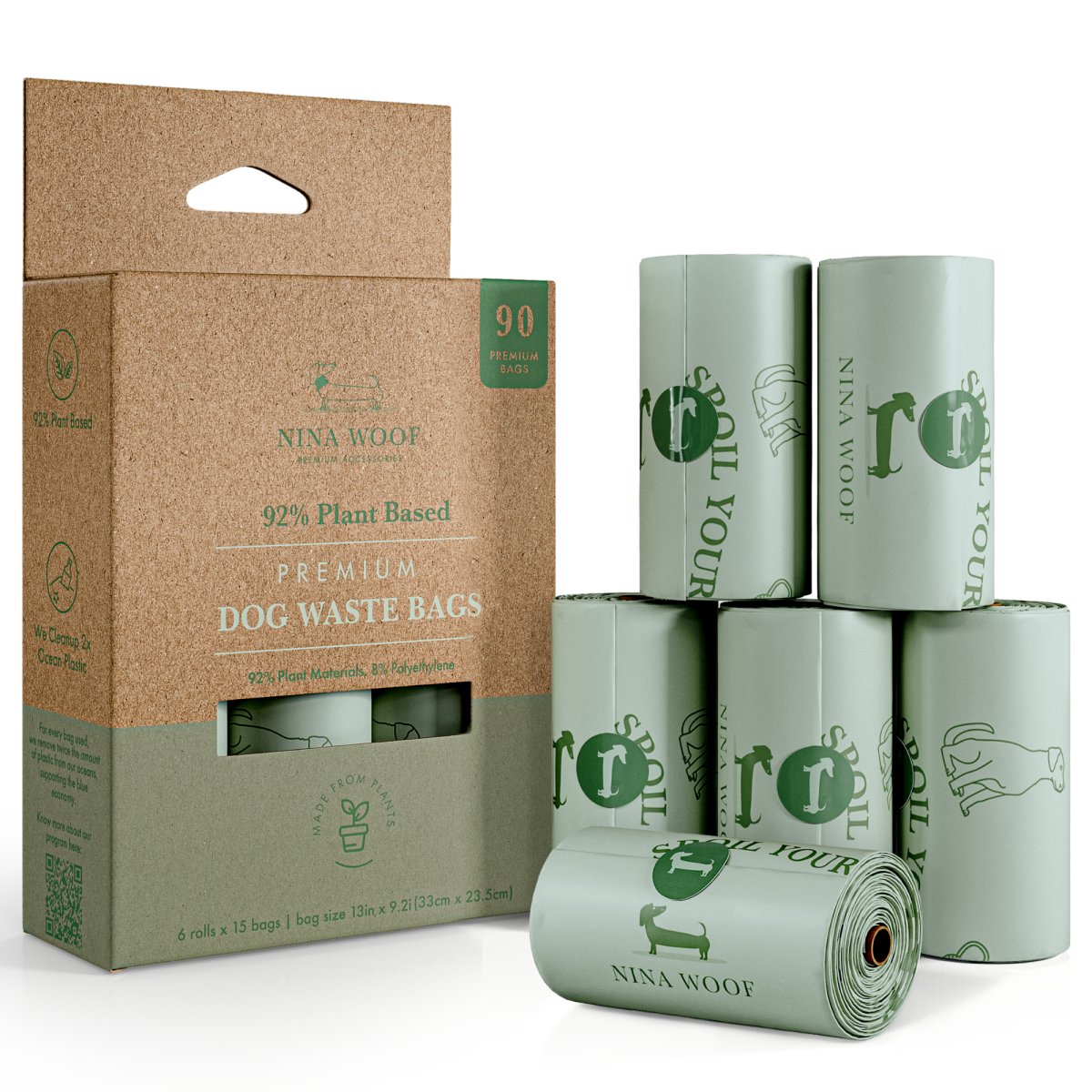 Nina Woof 92% plant-based dog waste bags packaging with multiple rolls on a white background
