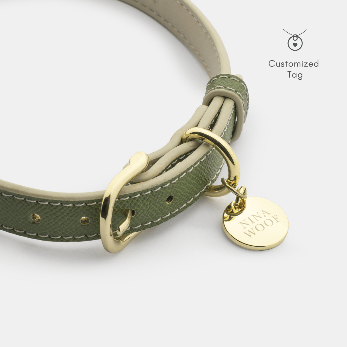 Olive & Beige Copenhagen Dog Collar made with recycled materials and PETA-approved soft vegan leather with gold reinforced hardware, including a personalized tag on a white background