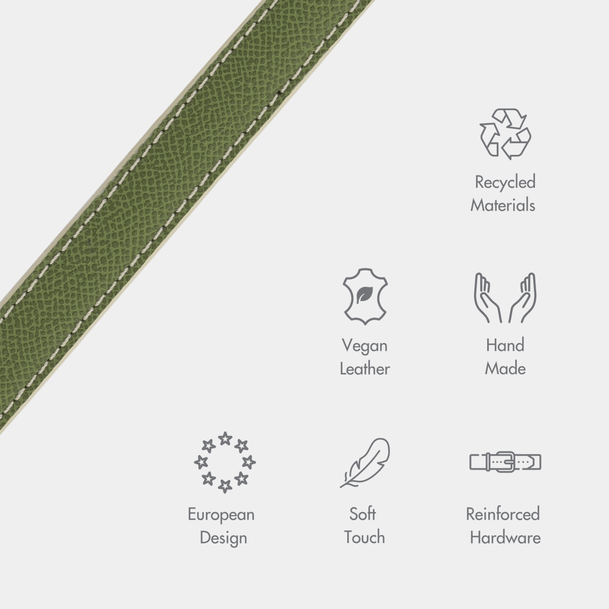 Olive & Beige Copenhagen Dog Collar made with recycled materials and PETA-approved soft vegan leather with sustainability icons on a white background
