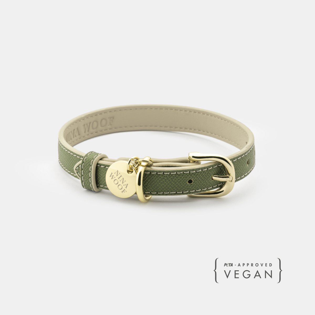 Olive & Beige Copenhagen Dog Collar made with recycled materials and PETA-approved soft vegan leather with gold reinforced hardware on a white background