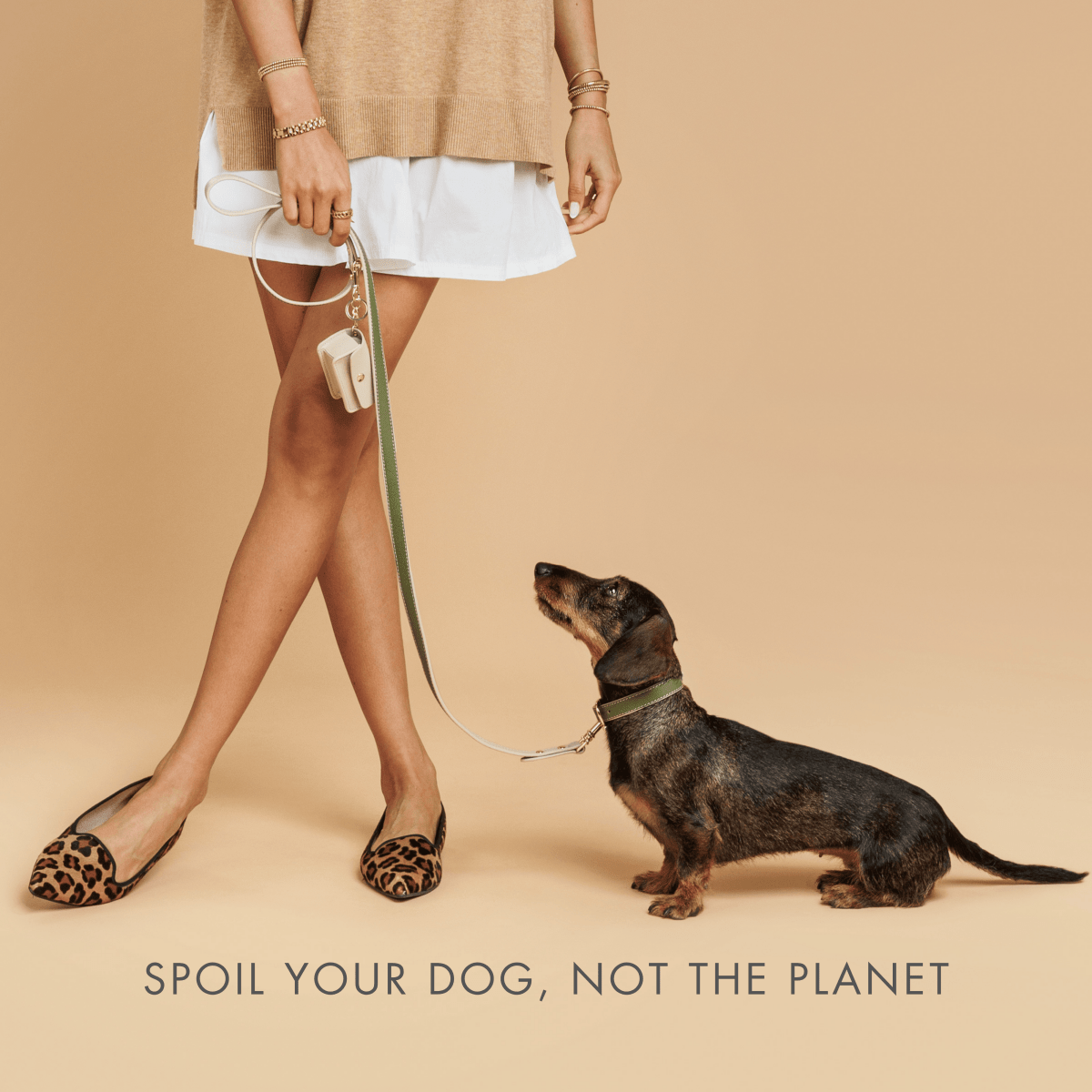 Person holding a Copenhagen Dog Leash attached to dachshund in a matching collar, both made with PETA-approved vegan leather and shown in Olive with Beige design. Shown on a beige background with text 'Spoil your dog, not the planet'.