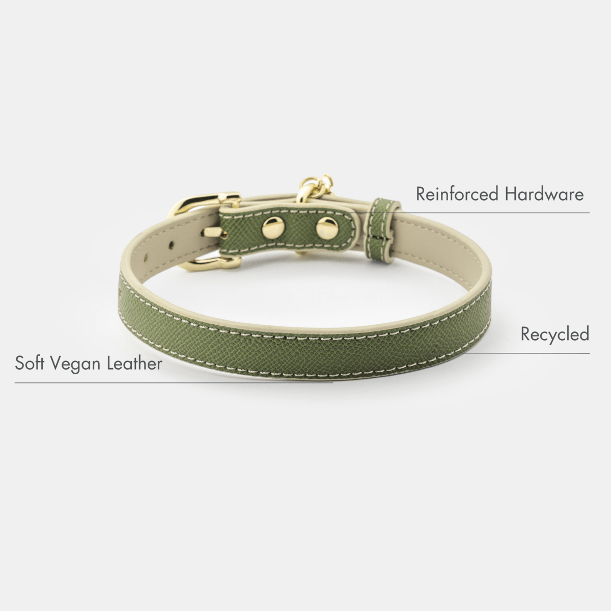 Olive & Beige Copenhagen Dog Collar made with recycled materials and PETA-approved soft vegan leather with gold reinforced hardware on a white background