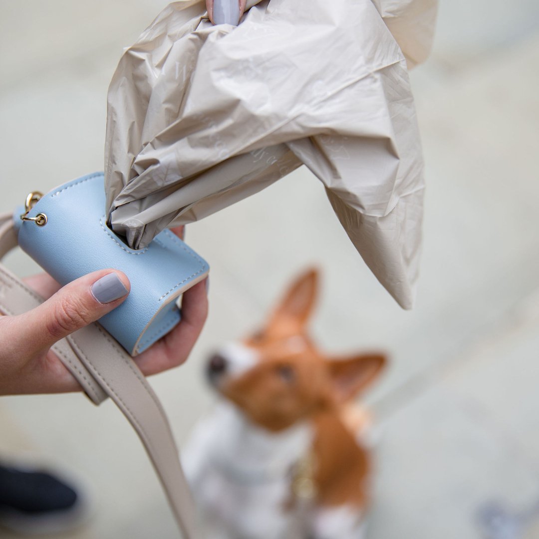 Person holding a light blue vegan leather dog waste bag holder, pulling out a beige biodegradable dog waste bag, with a blurred dog in the background.