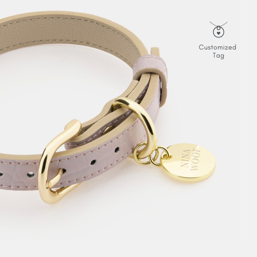 Lilac vegan leather dog collar by Nina Woof with gold hardware and a customizable tag on a white background