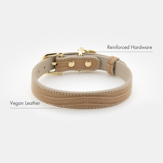 Nina Woof Milan Vegan Leather Dog Collar in beige with gold reinforced hardware on a white background
