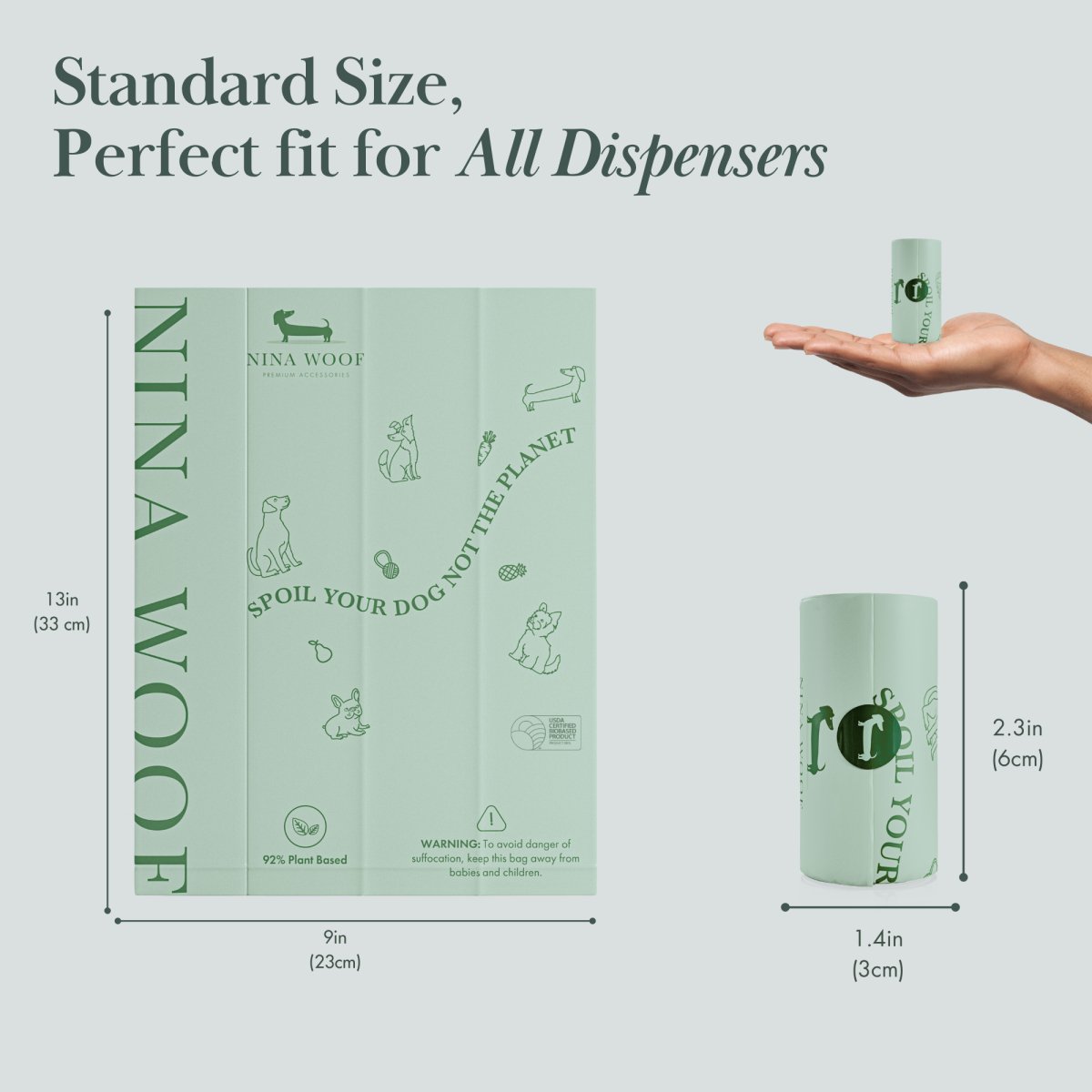 Nina Woof dog poo bag dimensions, a standard size and perfect fit for  dispensers, on a light gray background