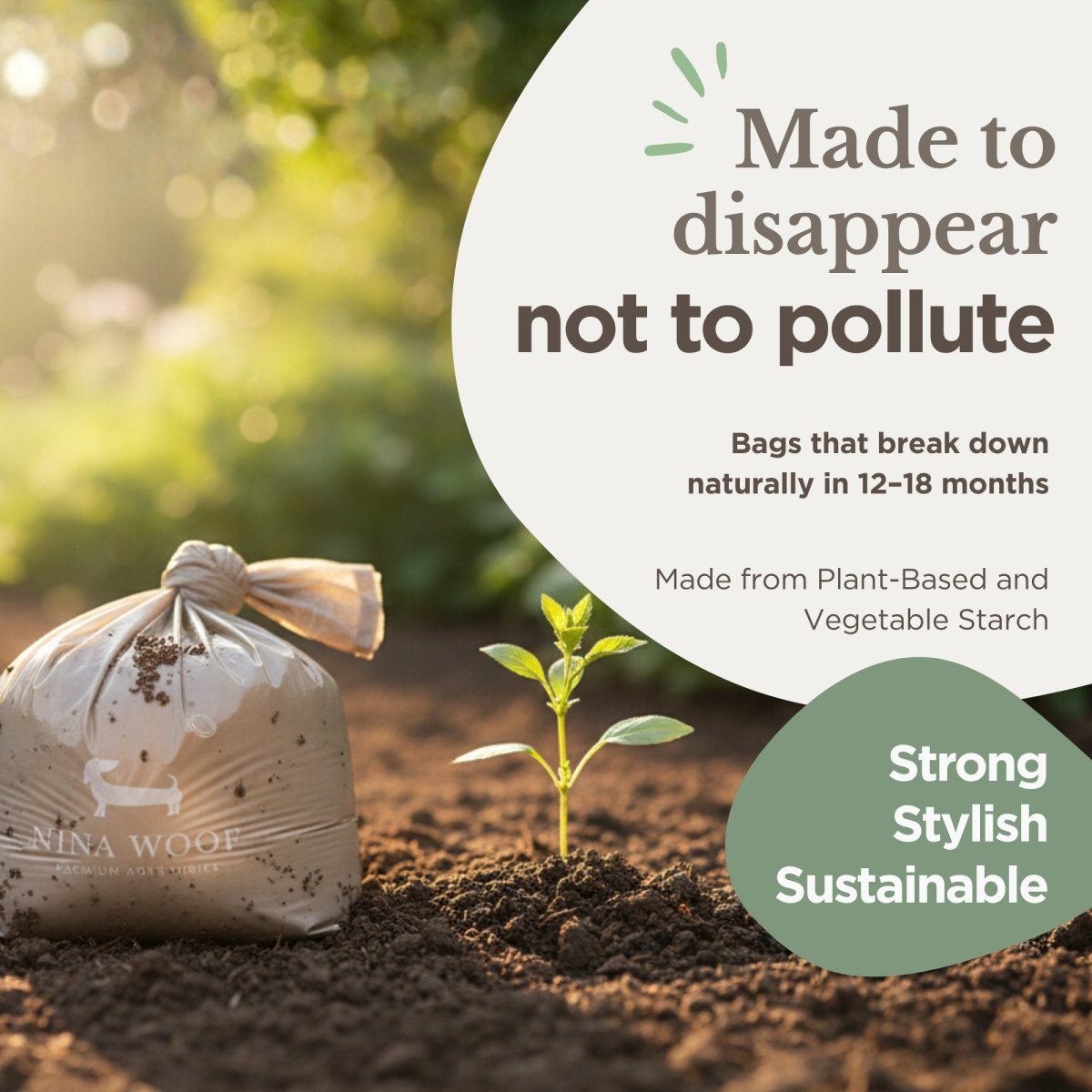 Nina Woof premium biodegradable dog waste bag with a plant emerging, promoting sustainability and a breakdown period of 12-18 months of the plant-based bags.