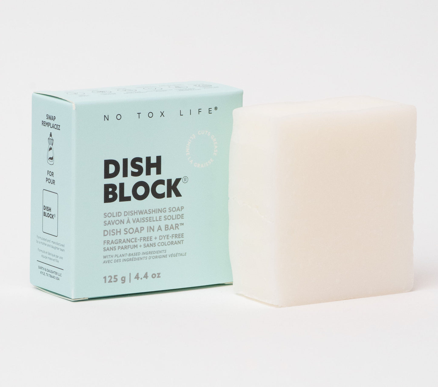 Eco-Friendly No Tox Life Dish Block packaging with a bar of soap on a light background