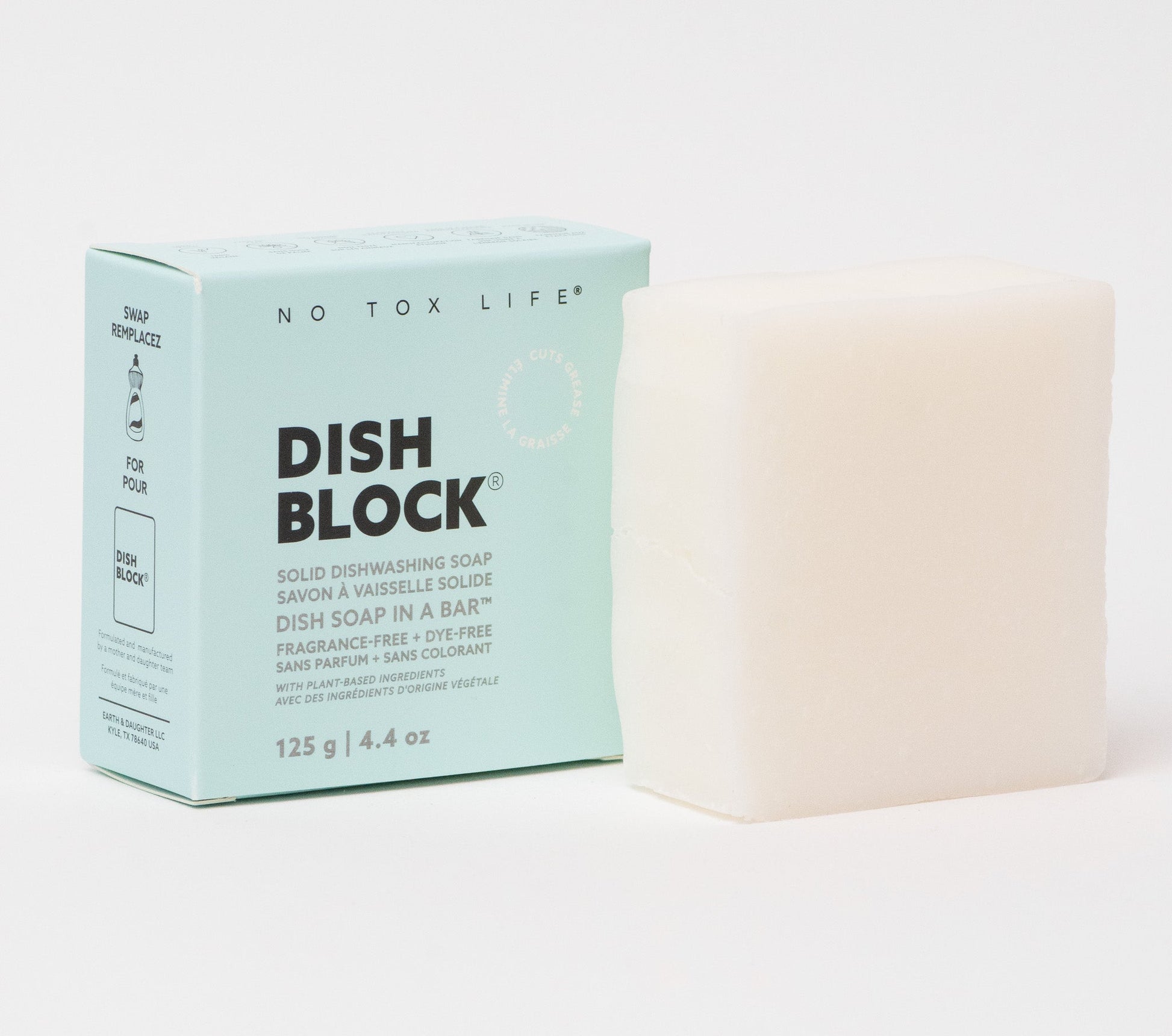 Eco-Friendly No Tox Life Dish Block packaging with a bar of soap on a light background