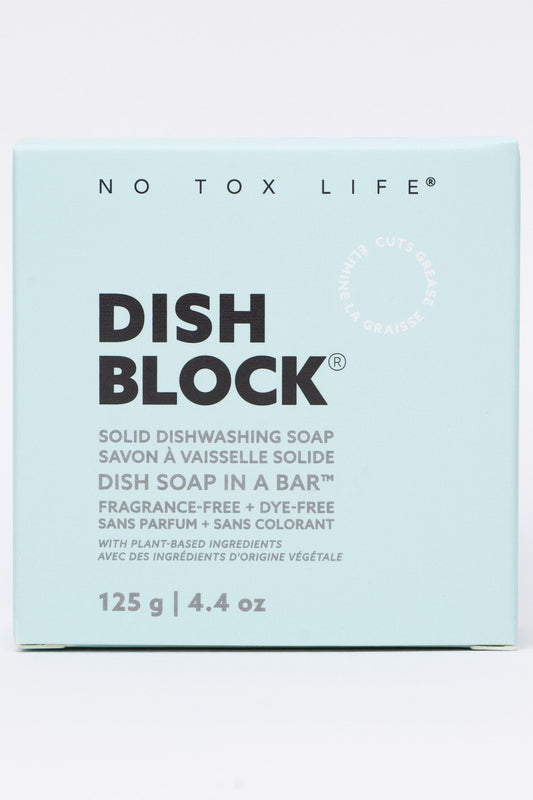 Box of No Tox Life Dish Block solid dishwashing soap on a light blue background